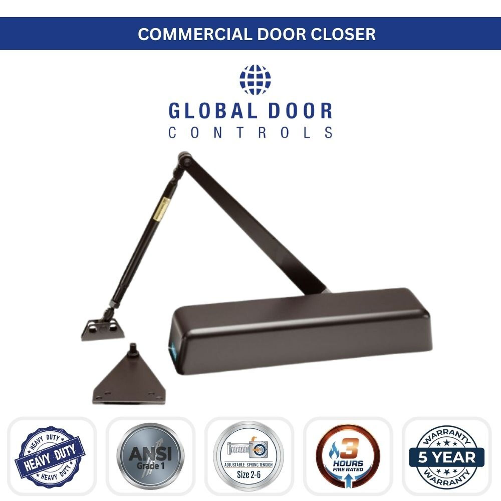 Global Door Controls, Heavy-Duty Commercial Grade 1 Door Closer in Duronodic with Adjustable Power - Sizes 1-6, #TC511-DU